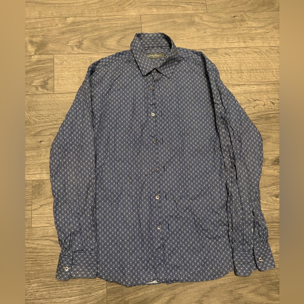 Ferragamo Men's Long-Sleeve Blue Patterned Button-Up Shirt